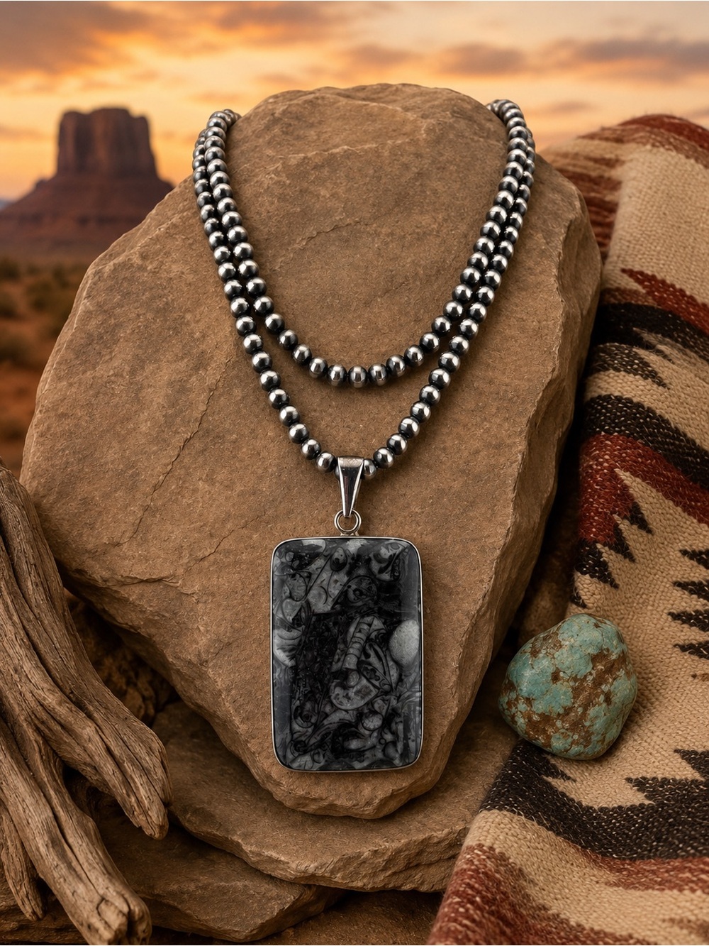 Charles Albert Fine Sterling Silver Fossil Pendant on Sterling Navajo Pearls 26’